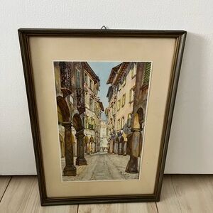 Vtg Framed Art street scene Via Pessina Lugano, Switzerland. Framed in Germany